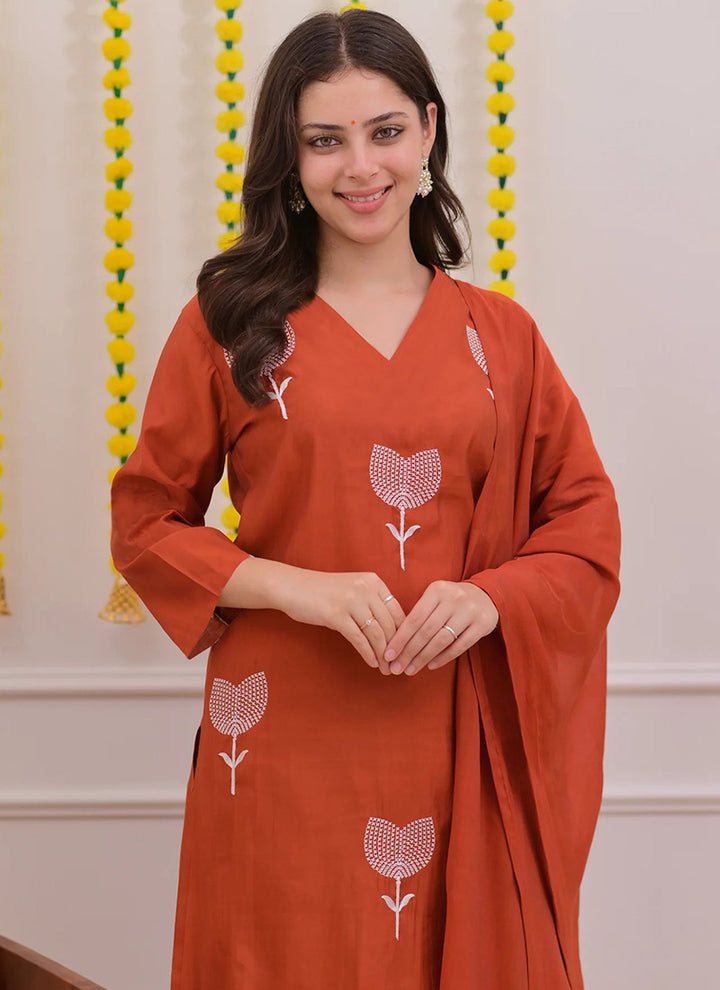 Orange Tesla Lotus Embroidered Festive Kurta Set