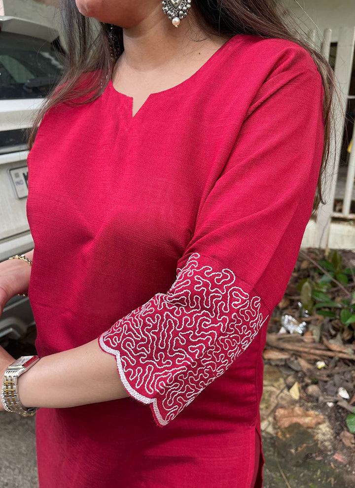 Reddish Pink Crepe Embroidered Kurta And Pant