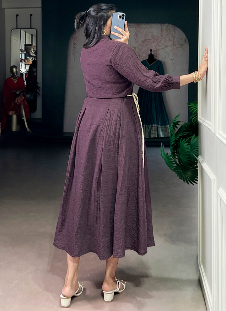 Mauve Crackle Button Enhance Frock Style Midi Dress