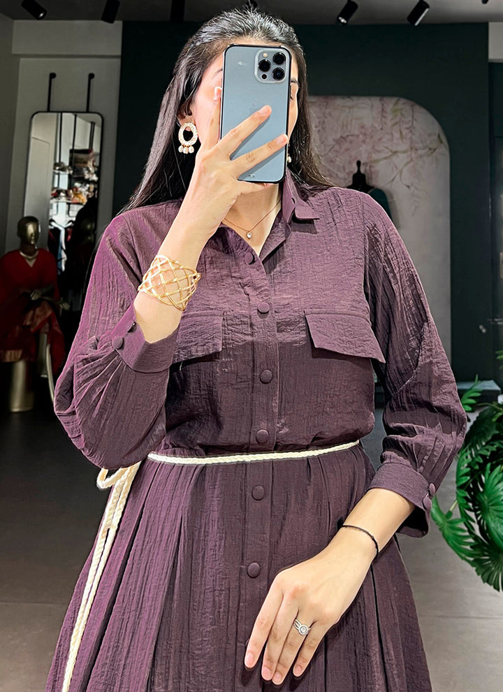 Mauve Crackle Button Enhance Frock Style Midi Dress