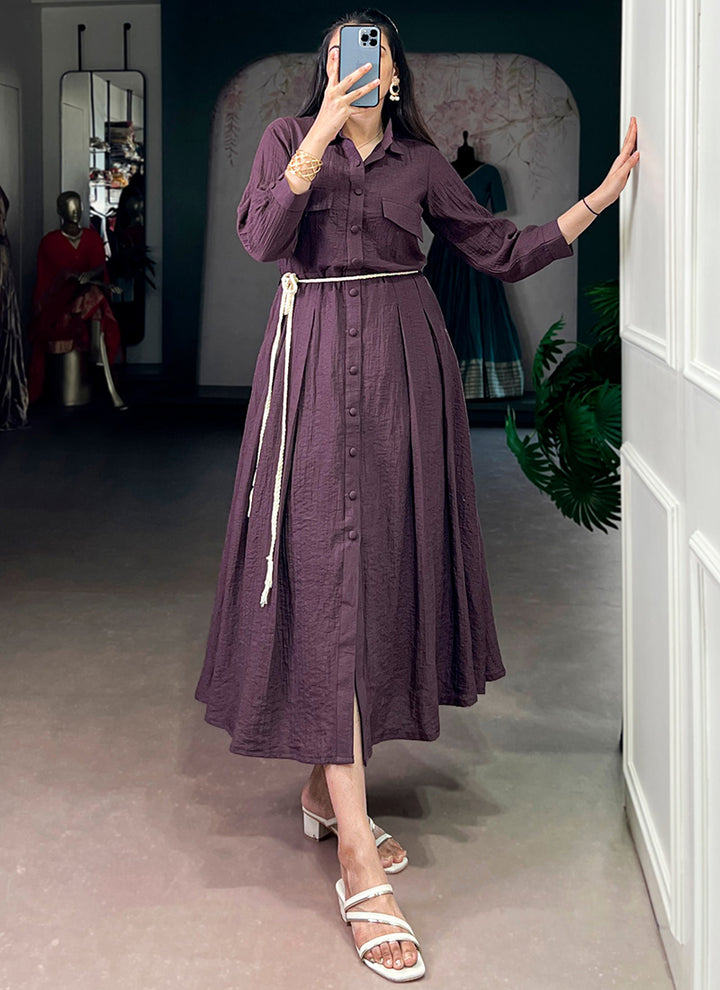 Mauve Crackle Button Enhance Frock Style Midi Dress