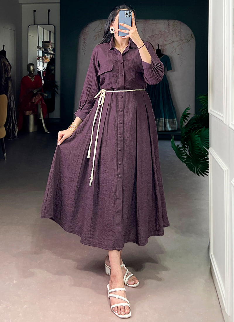 Mauve Crackle Button Enhance Frock Style Midi Dress