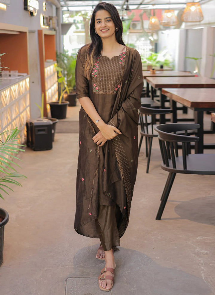 Brown Embroidered Chanderi Cotton Festive Kurta Set