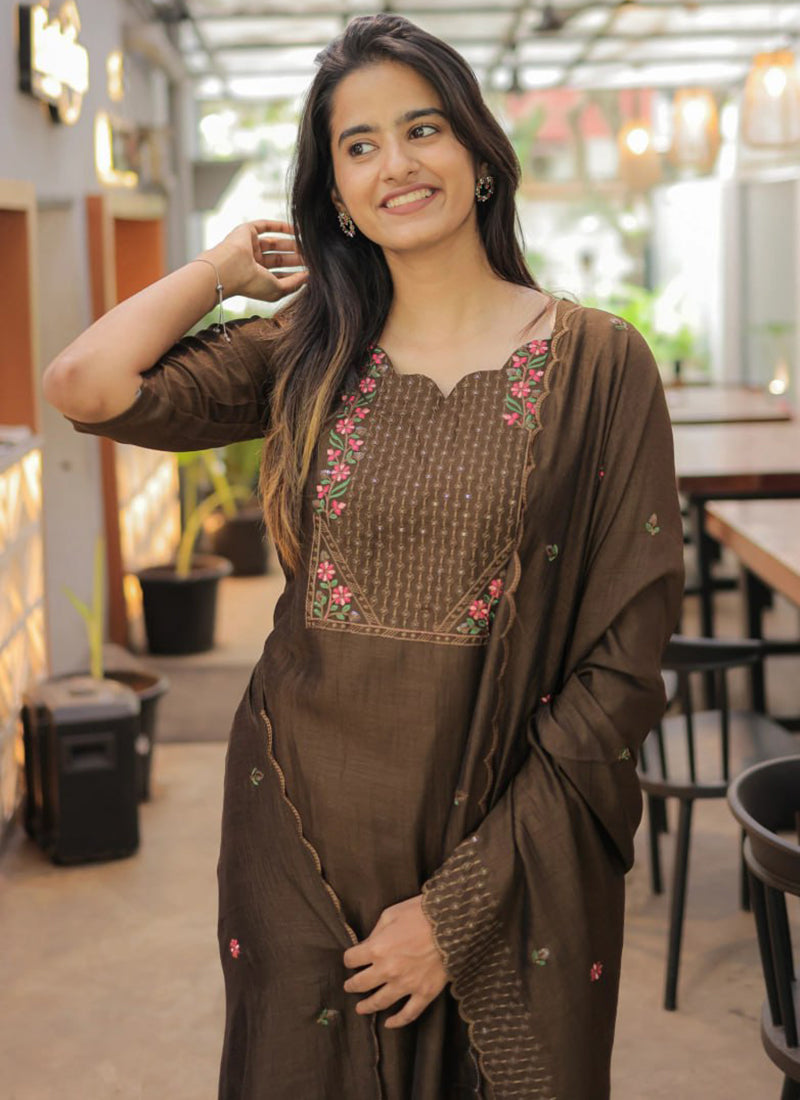 Brown Embroidered Chanderi Cotton Festive Kurta Set