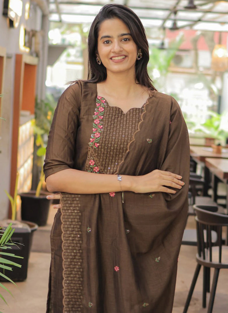 Brown Embroidered Chanderi Cotton Festive Kurta Set