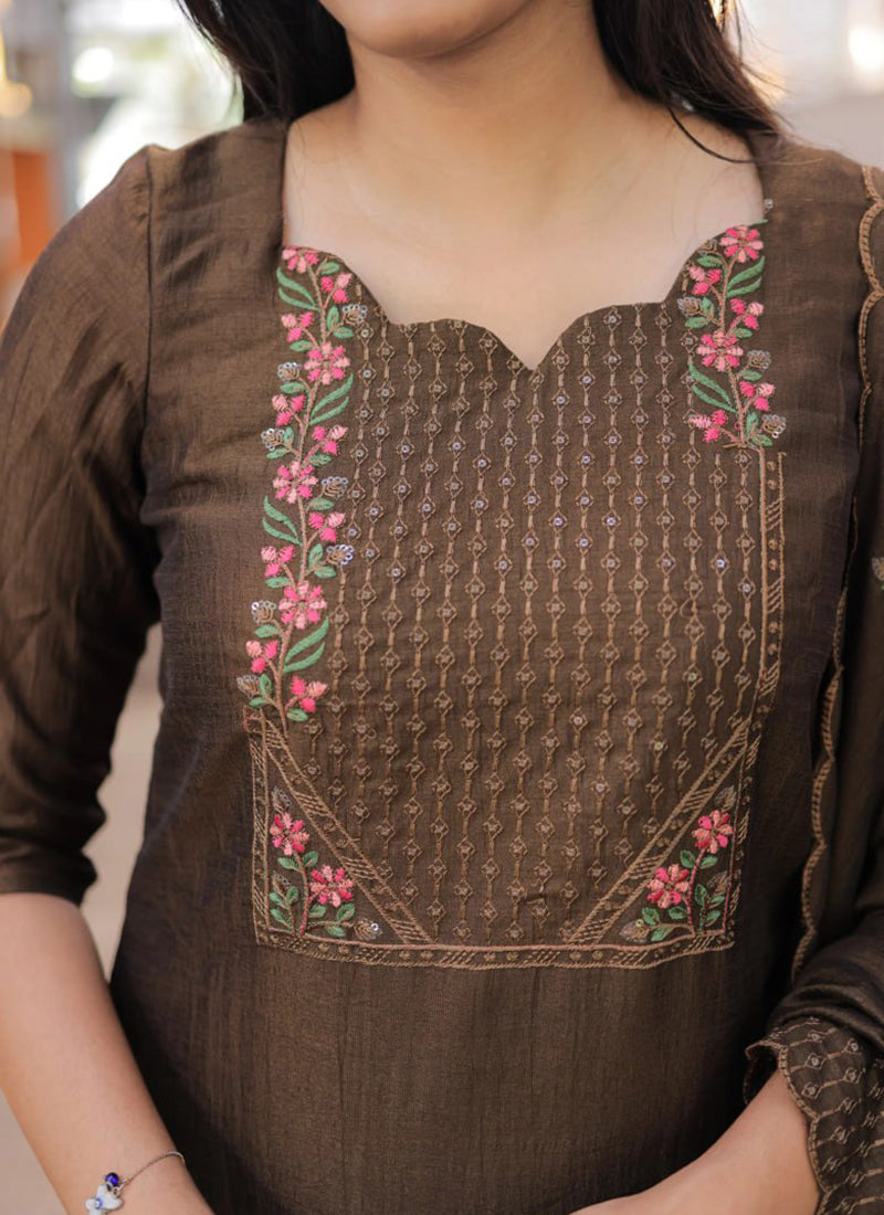 Brown Embroidered Chanderi Cotton Festive Kurta Set