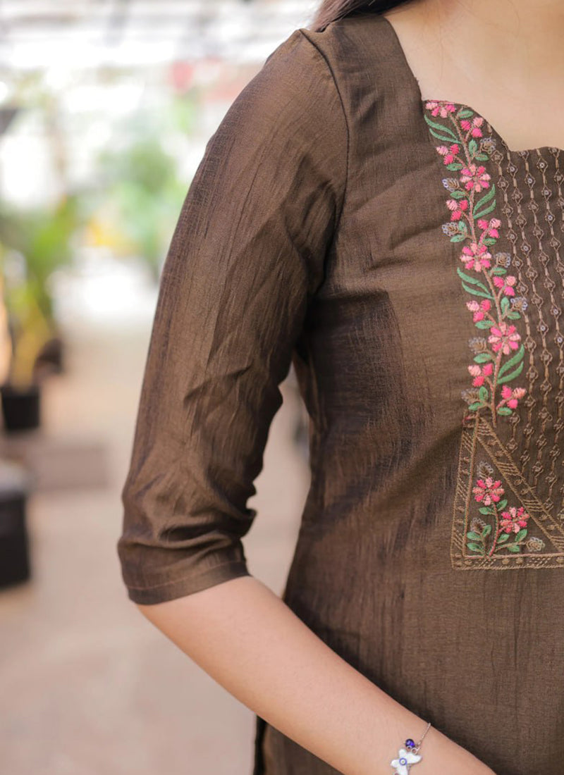 Brown Embroidered Chanderi Cotton Festive Kurta Set