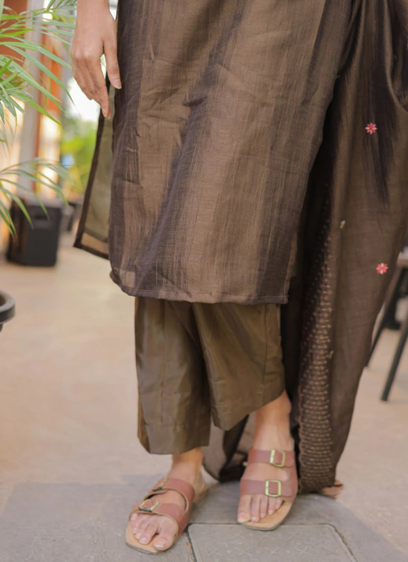 Brown Embroidered Chanderi Cotton Festive Kurta Set
