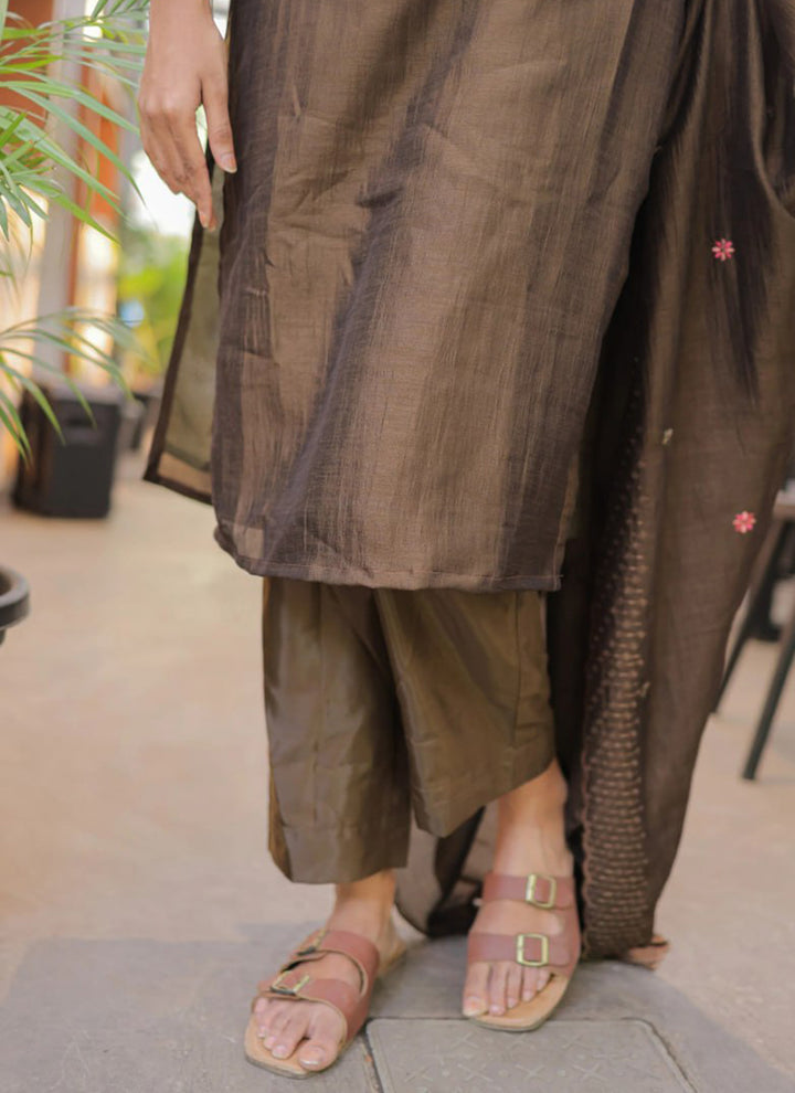 Brown Embroidered Chanderi Cotton Festive Kurta Set