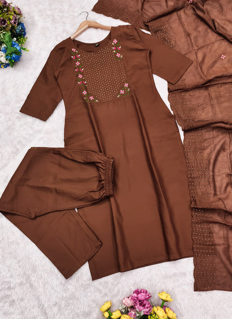 Brown Embroidered Chanderi Cotton Festive Kurta Set