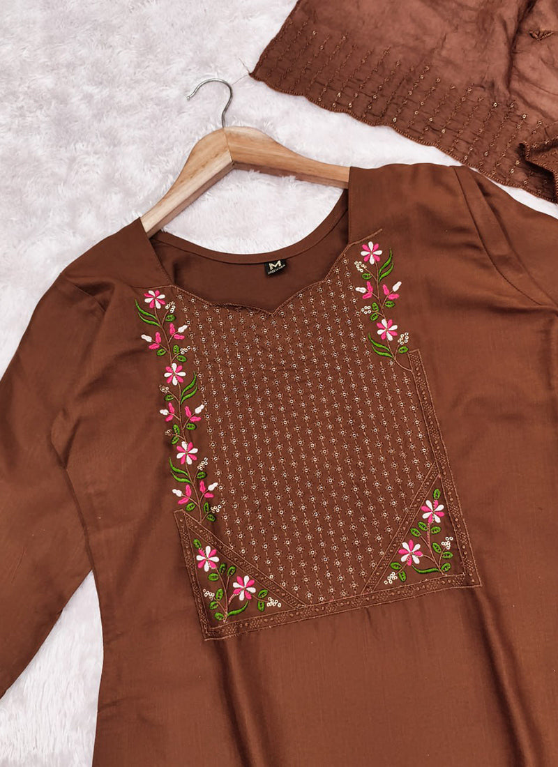 Brown Embroidered Chanderi Cotton Festive Kurta Set