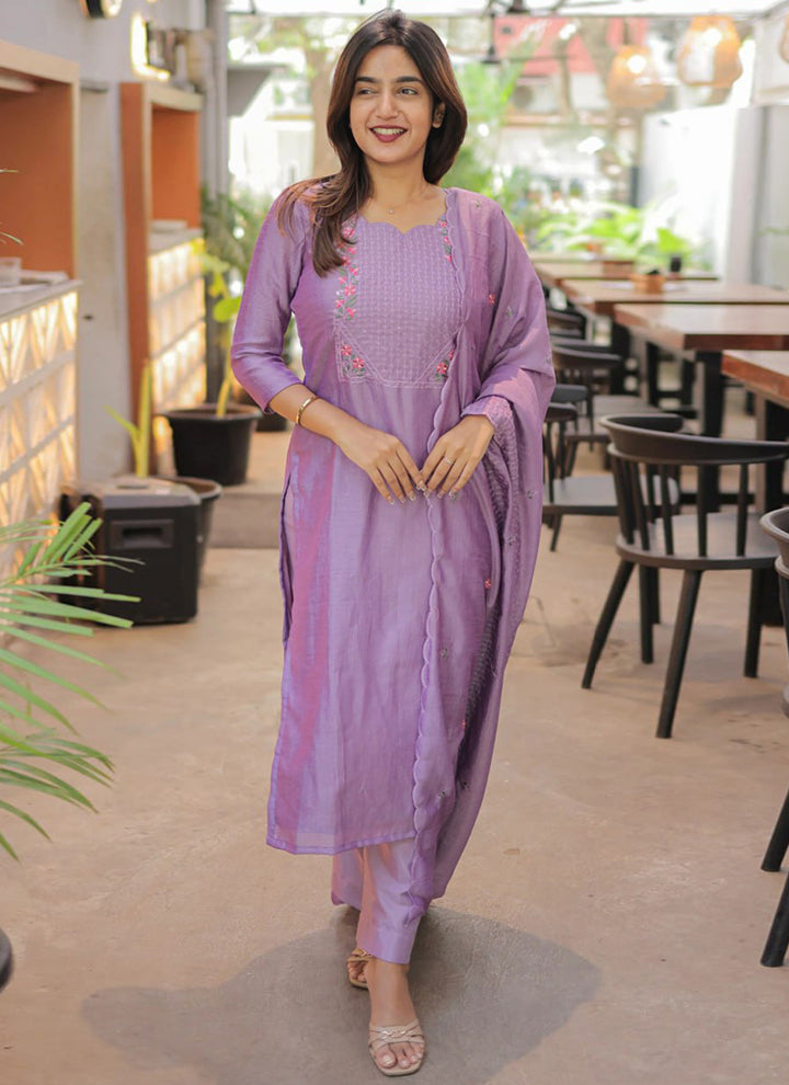 Purple Embroidered Chanderi Cotton Festive Kurta Set