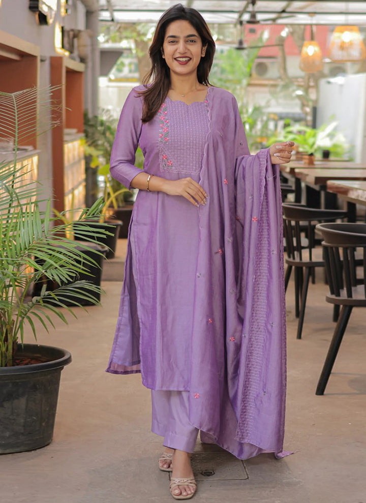 Purple Embroidered Chanderi Cotton Festive Kurta Set