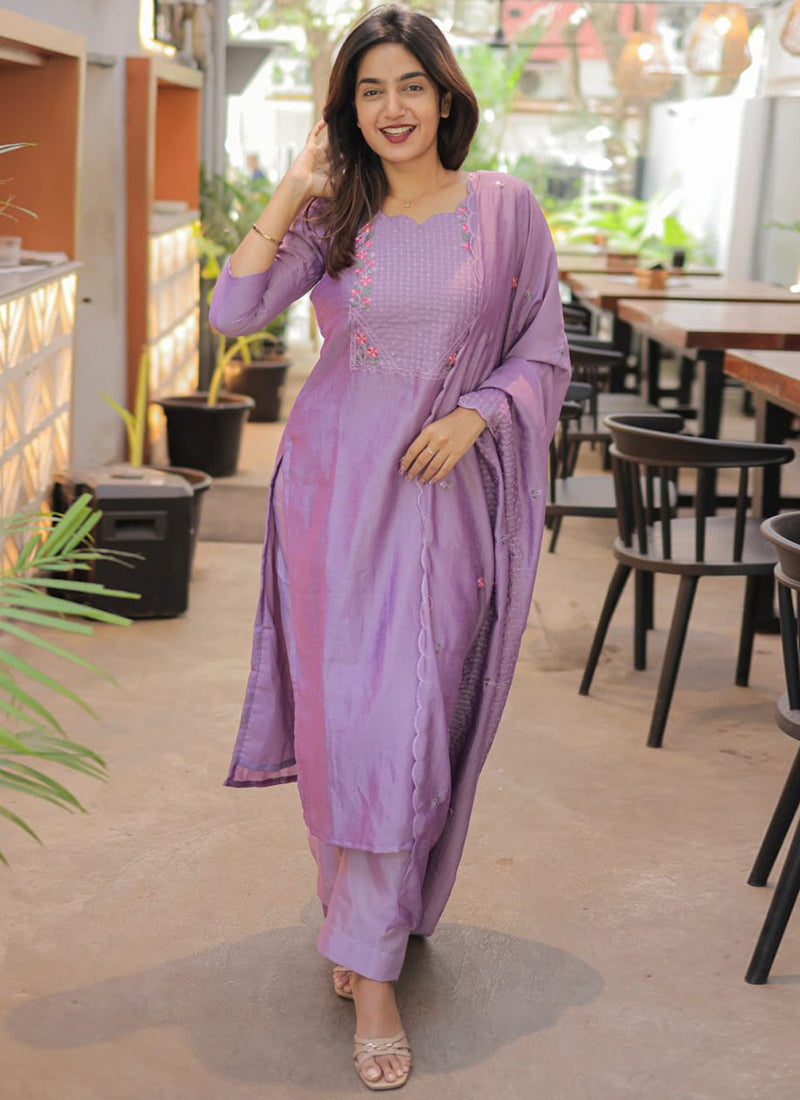 Purple Embroidered Chanderi Cotton Festive Kurta Set