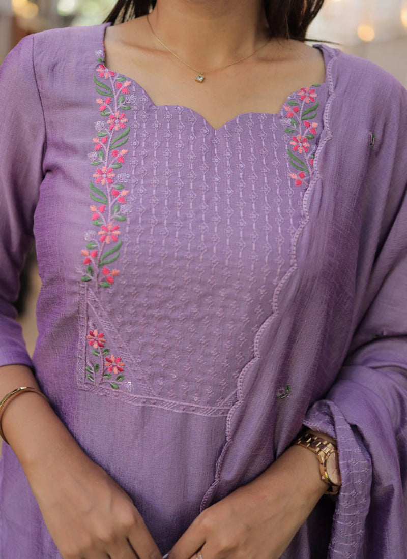 Purple Embroidered Chanderi Cotton Festive Kurta Set