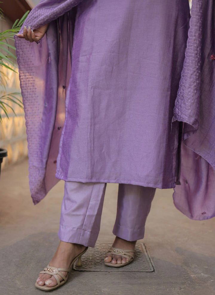 Purple Embroidered Chanderi Cotton Festive Kurta Set
