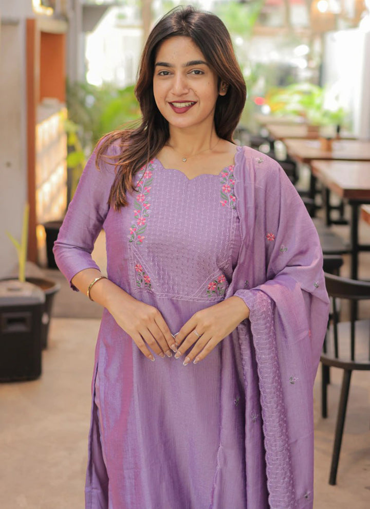 Purple Embroidered Chanderi Cotton Festive Kurta Set