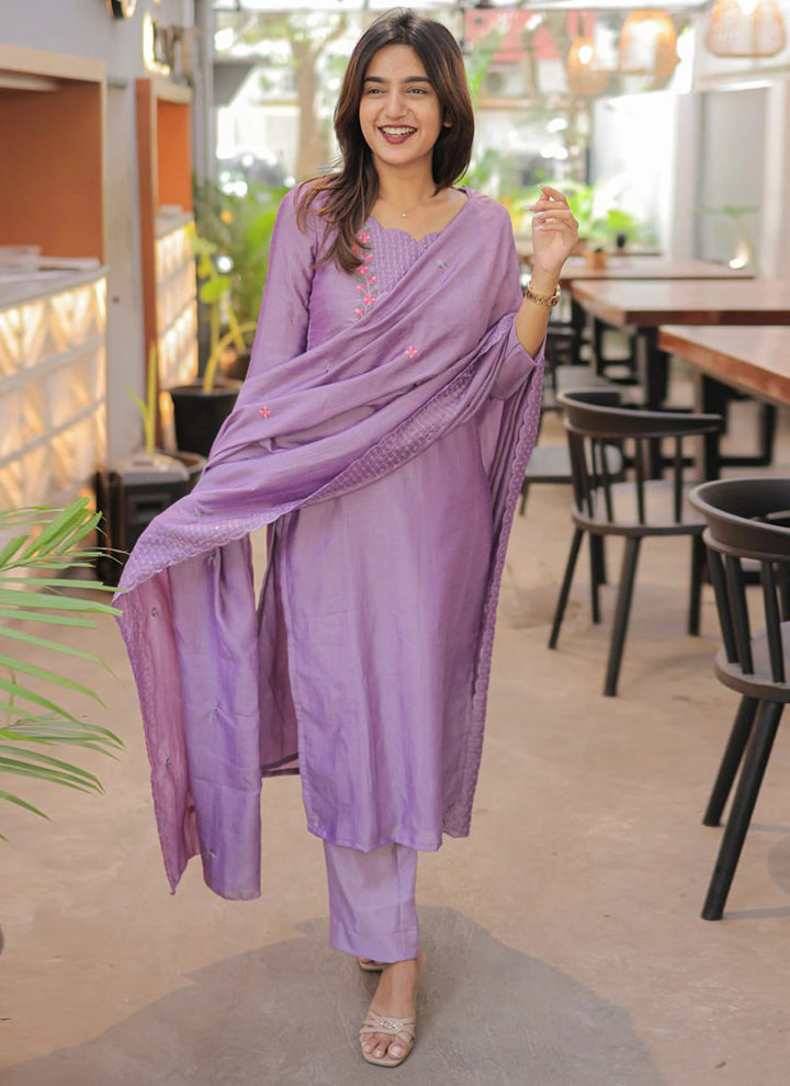Purple Embroidered Chanderi Cotton Festive Kurta Set