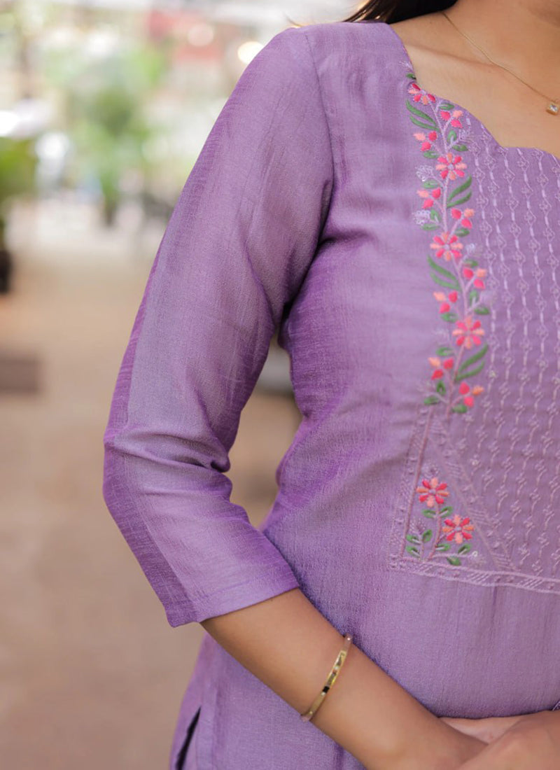 Purple Embroidered Chanderi Cotton Festive Kurta Set