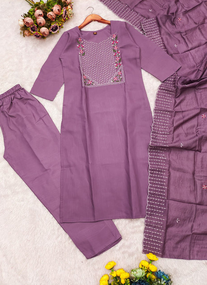 Purple Embroidered Chanderi Cotton Festive Kurta Set