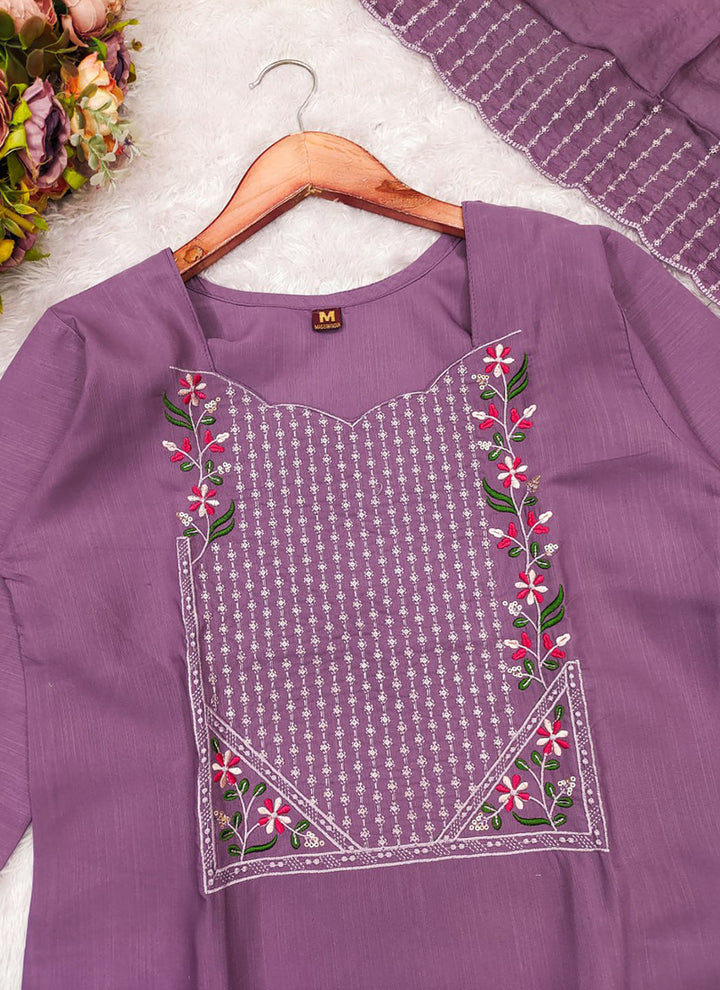 Purple Embroidered Chanderi Cotton Festive Kurta Set