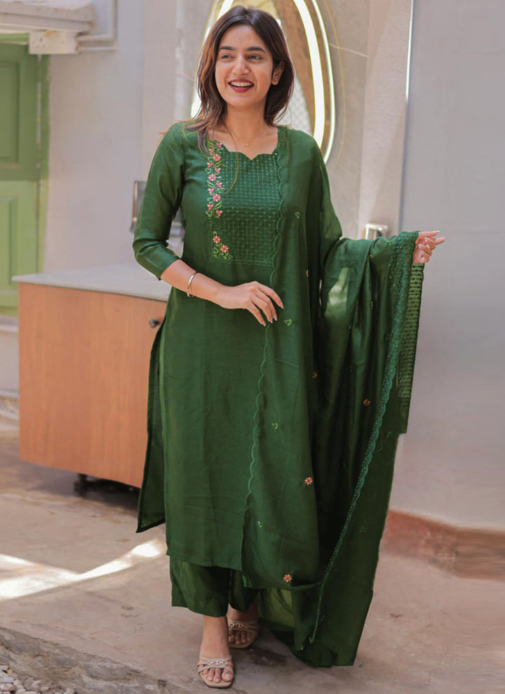 Green Embroidered Chanderi Cotton Festive Kurta Set