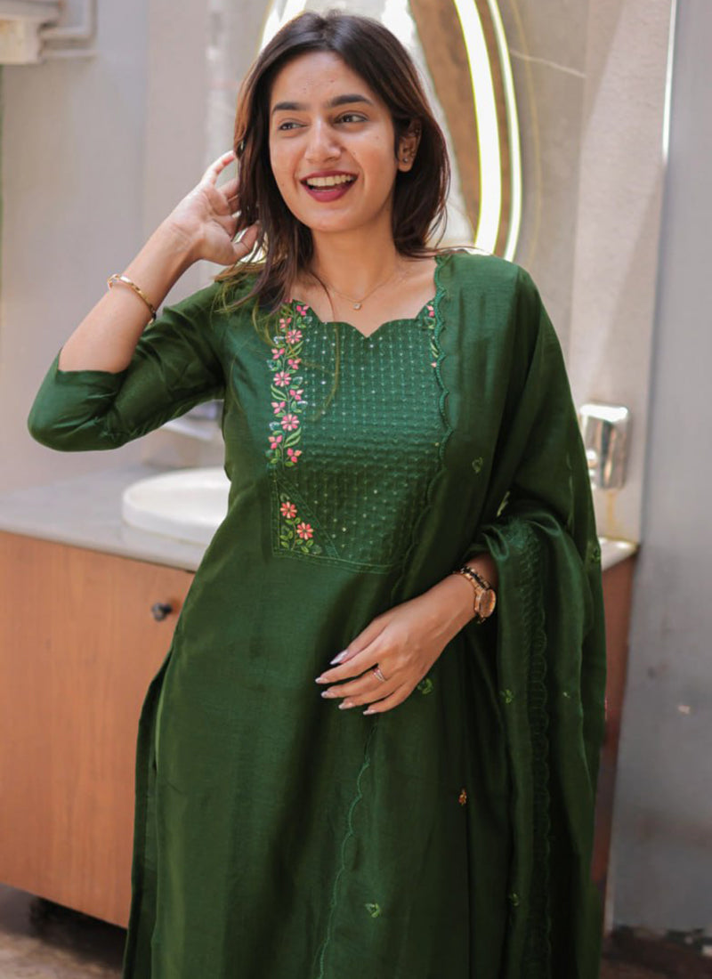 Green Embroidered Chanderi Cotton Festive Kurta Set