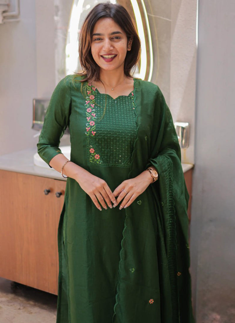 Green Embroidered Chanderi Cotton Festive Kurta Set