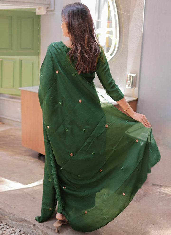 Green Embroidered Chanderi Cotton Festive Kurta Set