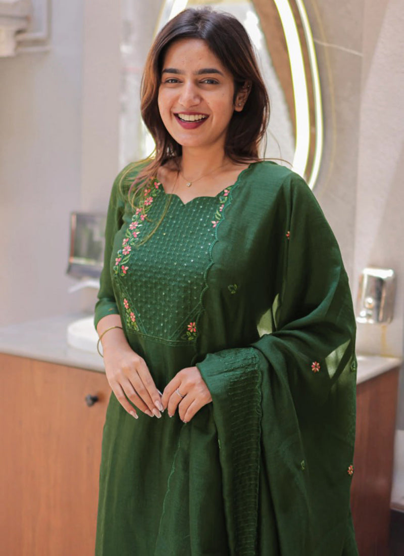 Green Embroidered Chanderi Cotton Festive Kurta Set
