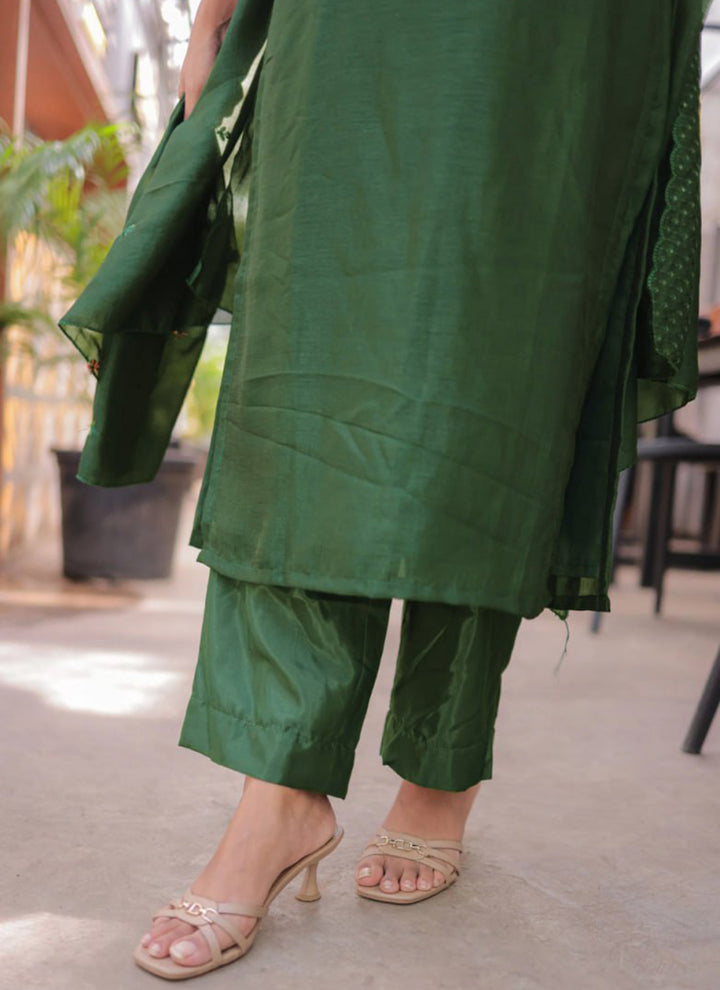 Green Embroidered Chanderi Cotton Festive Kurta Set