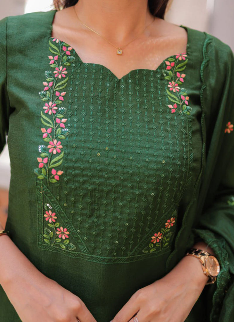 Green Embroidered Chanderi Cotton Festive Kurta Set