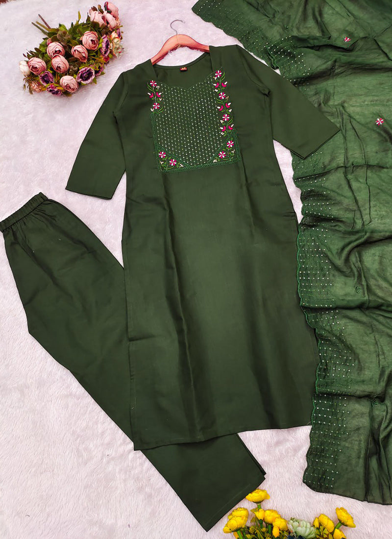 Green Embroidered Chanderi Cotton Festive Kurta Set