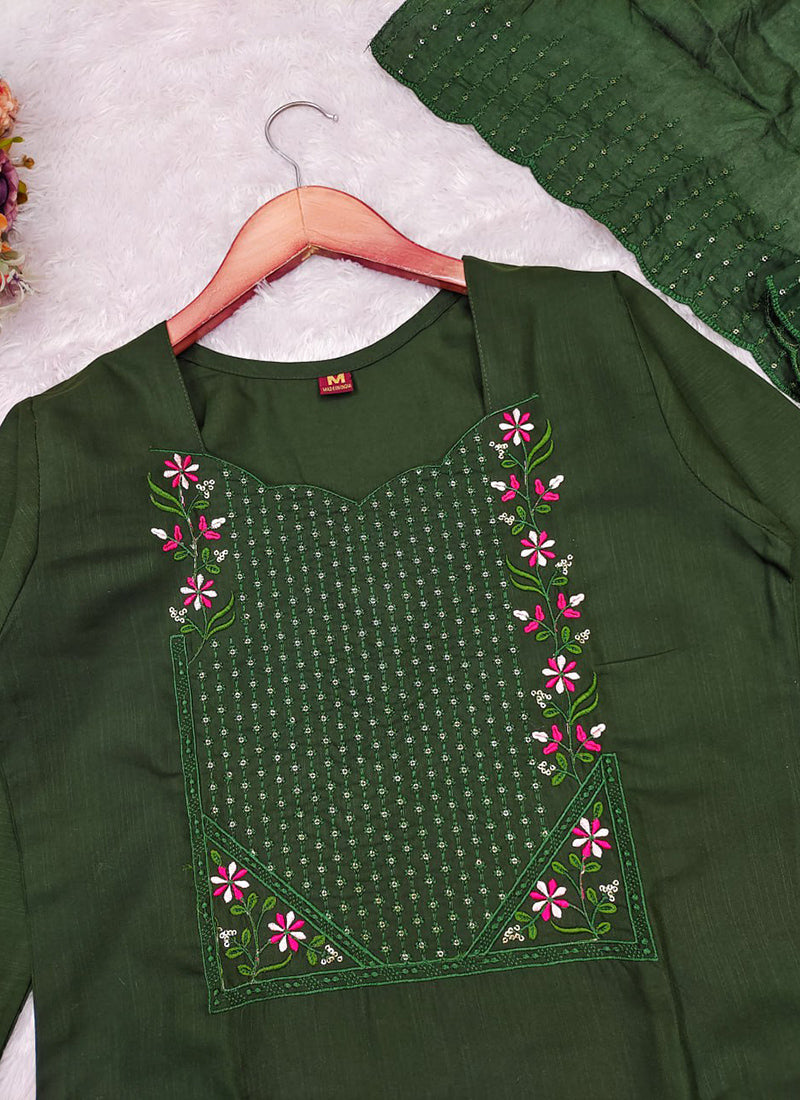 Green Embroidered Chanderi Cotton Festive Kurta Set