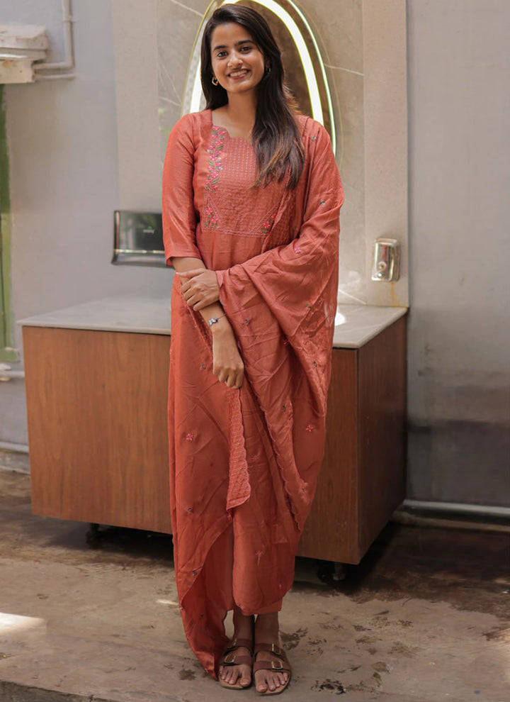 Peach Embroidered Chanderi Cotton Festive Kurta Set