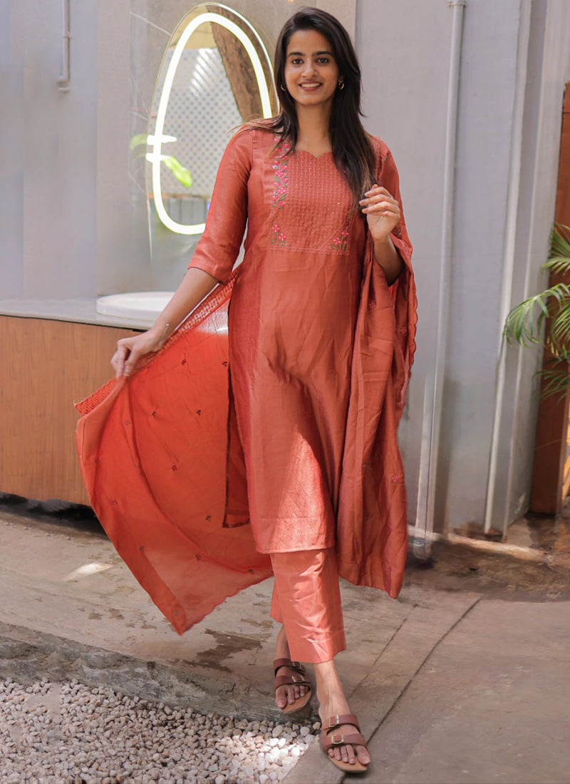 Peach Embroidered Chanderi Cotton Festive Kurta Set