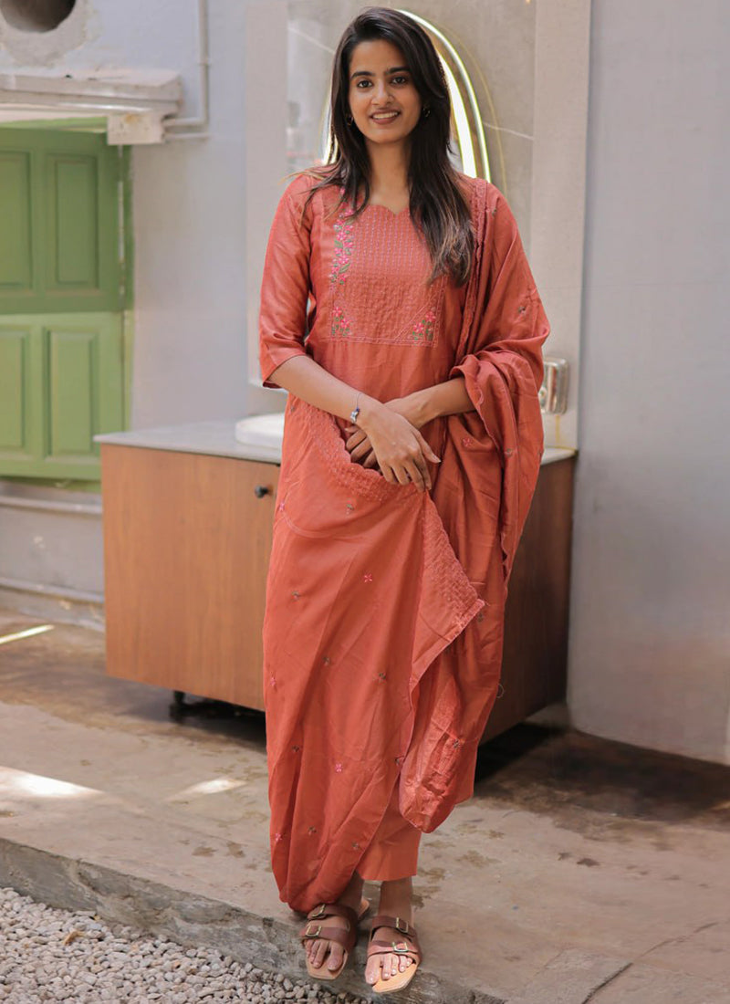 Peach Embroidered Chanderi Cotton Festive Kurta Set