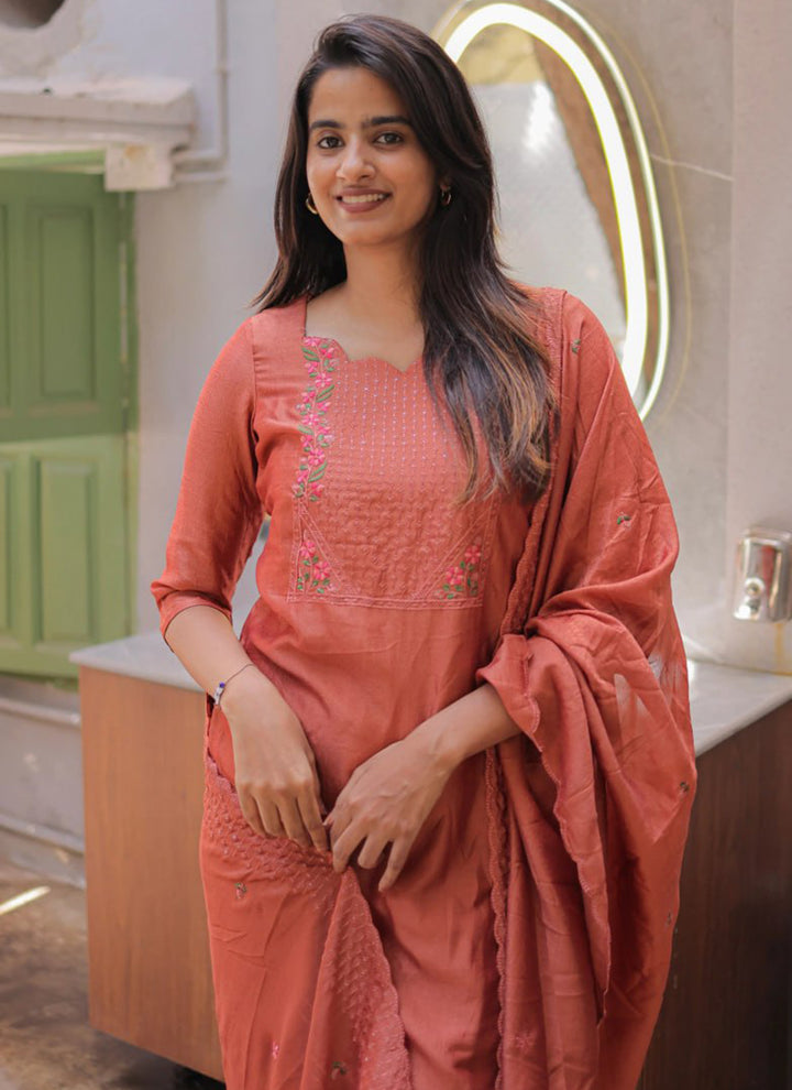 Peach Embroidered Chanderi Cotton Festive Kurta Set