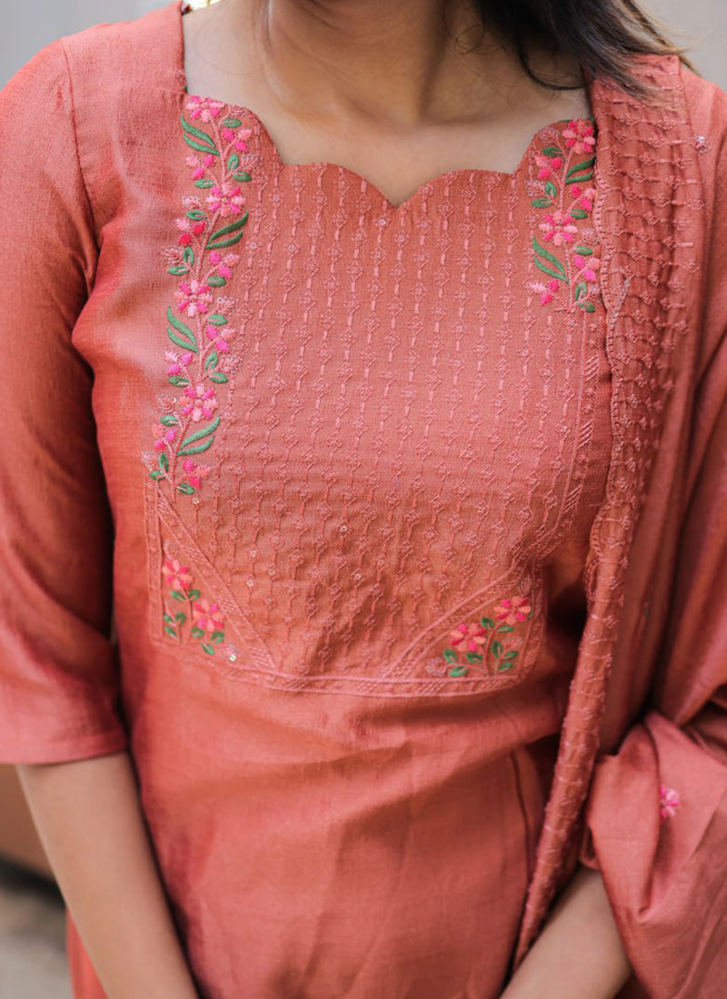 Peach Embroidered Chanderi Cotton Festive Kurta Set