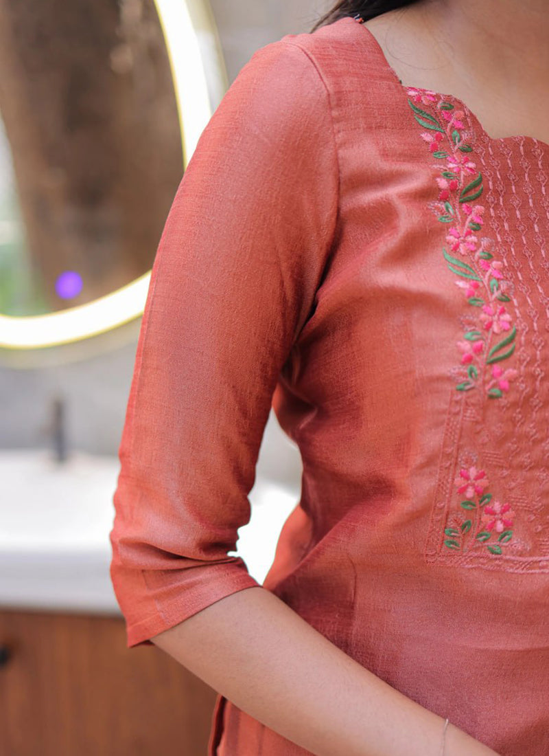 Peach Embroidered Chanderi Cotton Festive Kurta Set