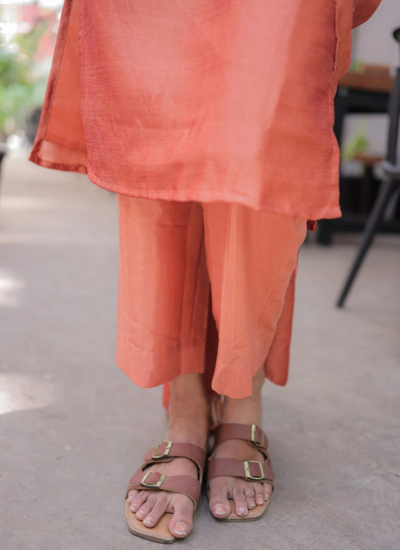 Peach Embroidered Chanderi Cotton Festive Kurta Set