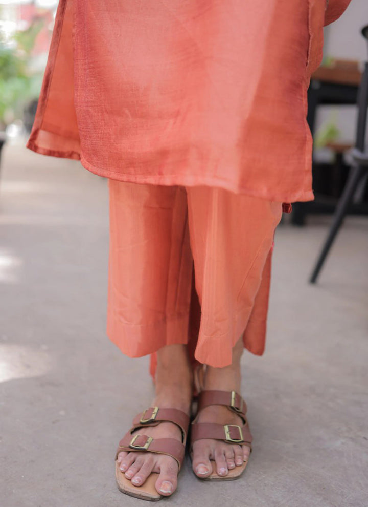 Peach Embroidered Chanderi Cotton Festive Kurta Set