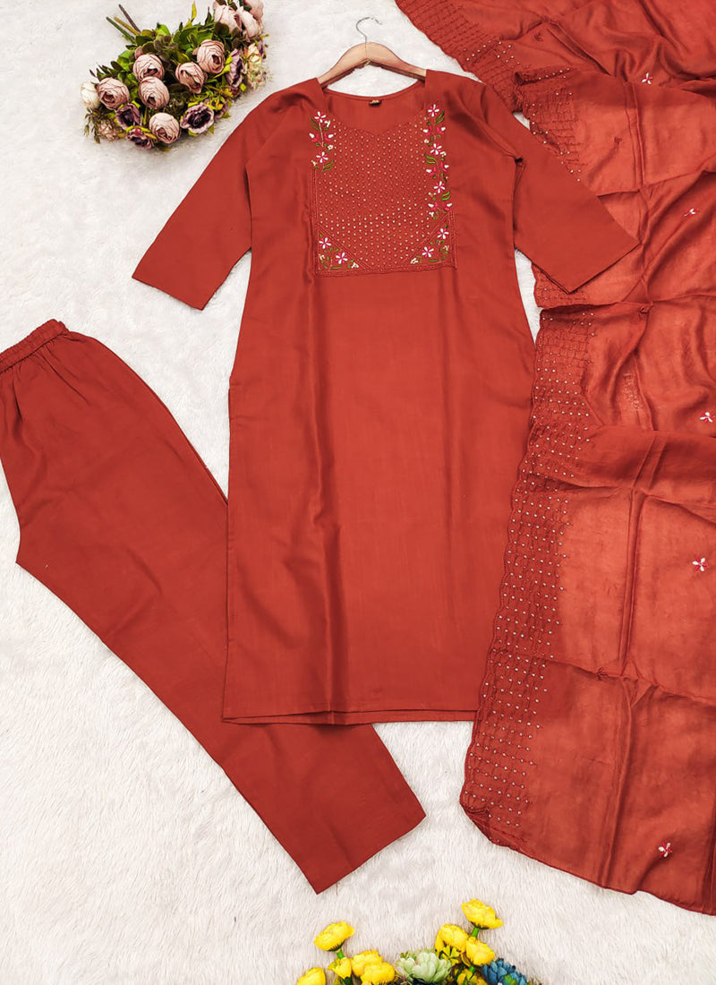Peach Embroidered Chanderi Cotton Festive Kurta Set