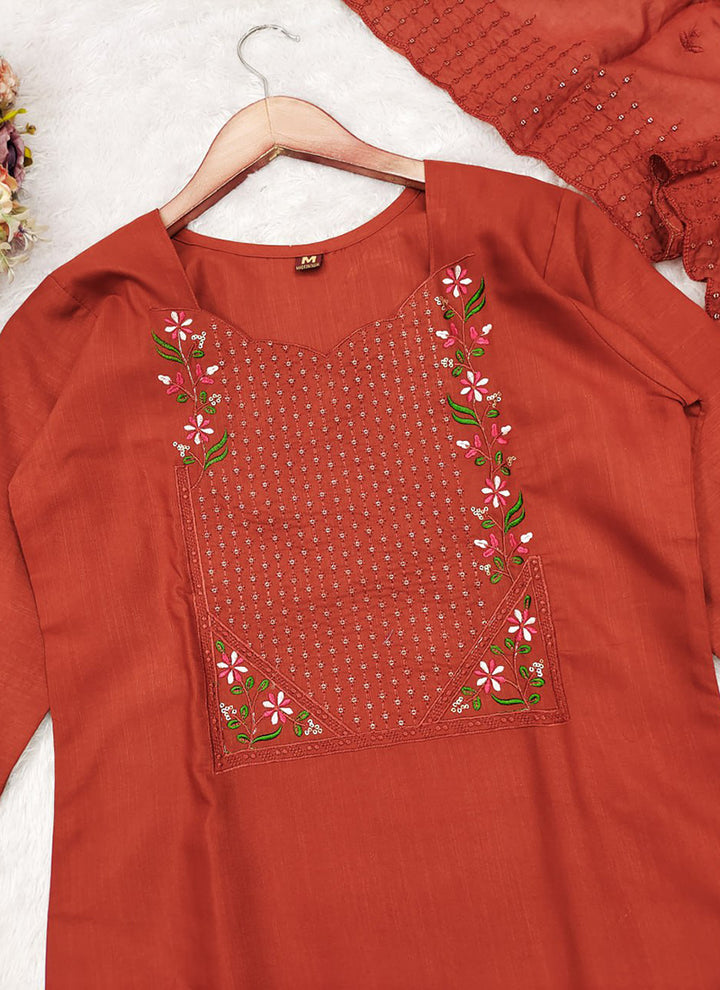 Peach Embroidered Chanderi Cotton Festive Kurta Set