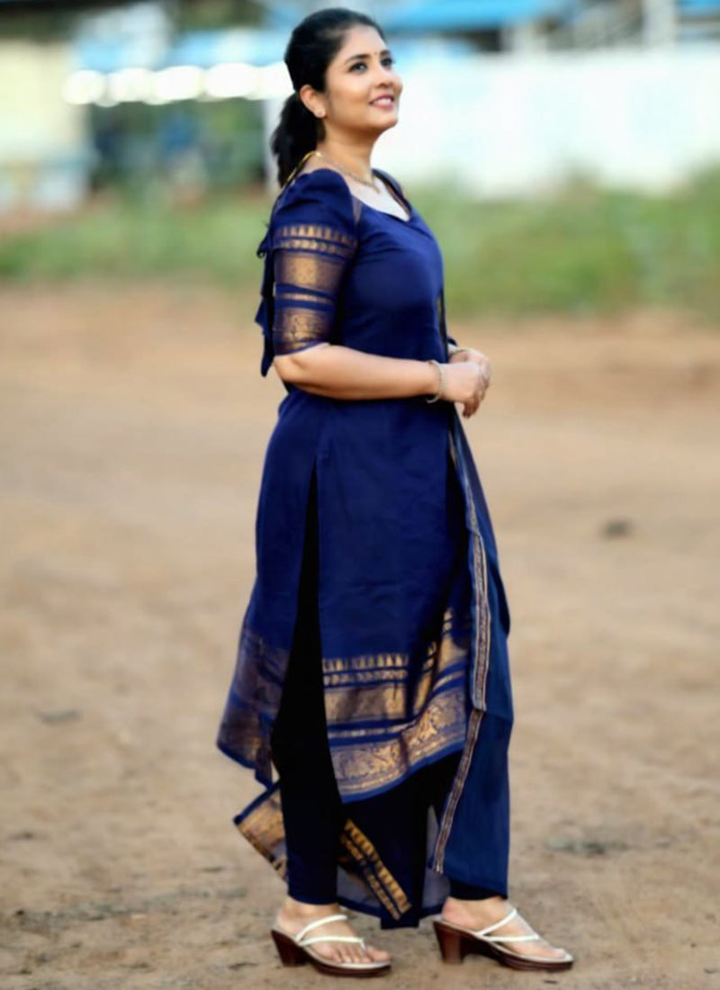 Blue Kanchi Cotton Weaving Casual Kurta And Dupatta