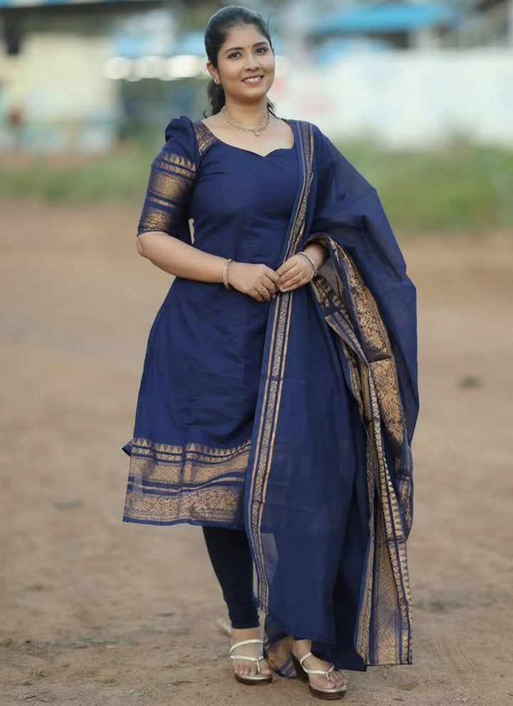 Blue Kanchi Cotton Weaving Casual Kurta And Dupatta