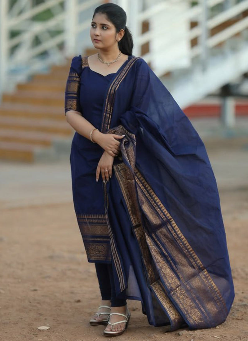 Blue Kanchi Cotton Weaving Casual Kurta And Dupatta