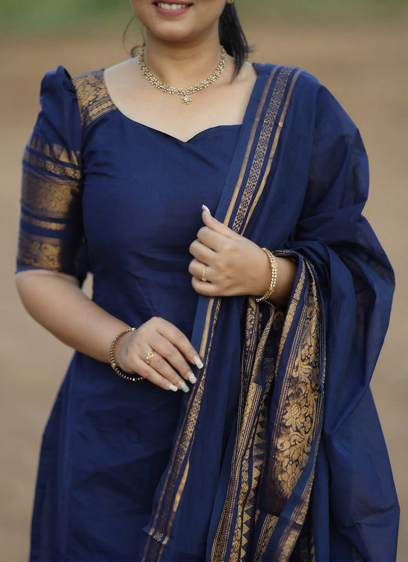 Blue Kanchi Cotton Weaving Casual Kurta And Dupatta