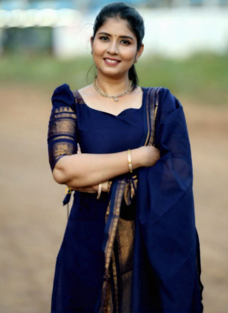 Blue Kanchi Cotton Weaving Casual Kurta And Dupatta