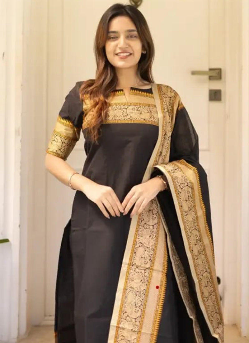 Black Kanchi Cotton Woven Kurta And Dupatta For Casual Wear